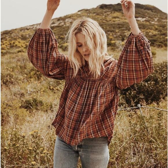 DOEN Thistle Blouse in Blue Autumn Plaid Print Boho M - Picture 3 of 12